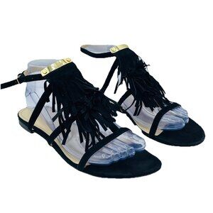 Marc Fisher Shoes Womens Size 8 M Black Leather Sandals Charm Strappy Fringed